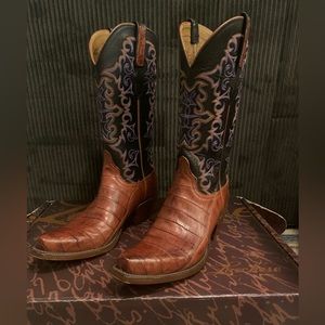 Vintage Lucchese Caiman, Ostrich, and Leather Women’s Mid-calf Boot, size 7B